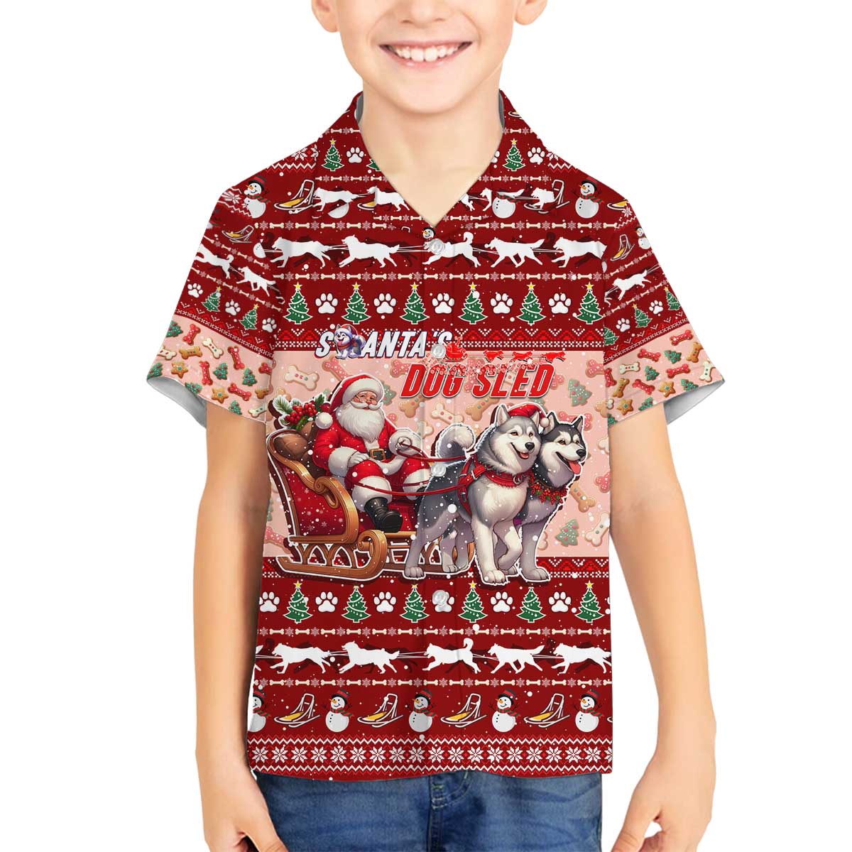 Dog Sled Christmas Family Matching Off The Shoulder Long Sleeve Dress and Hawaiian Shirt Husky Sleigh Ride Design DT02 Son's Shirt Red - Polynesian Pride