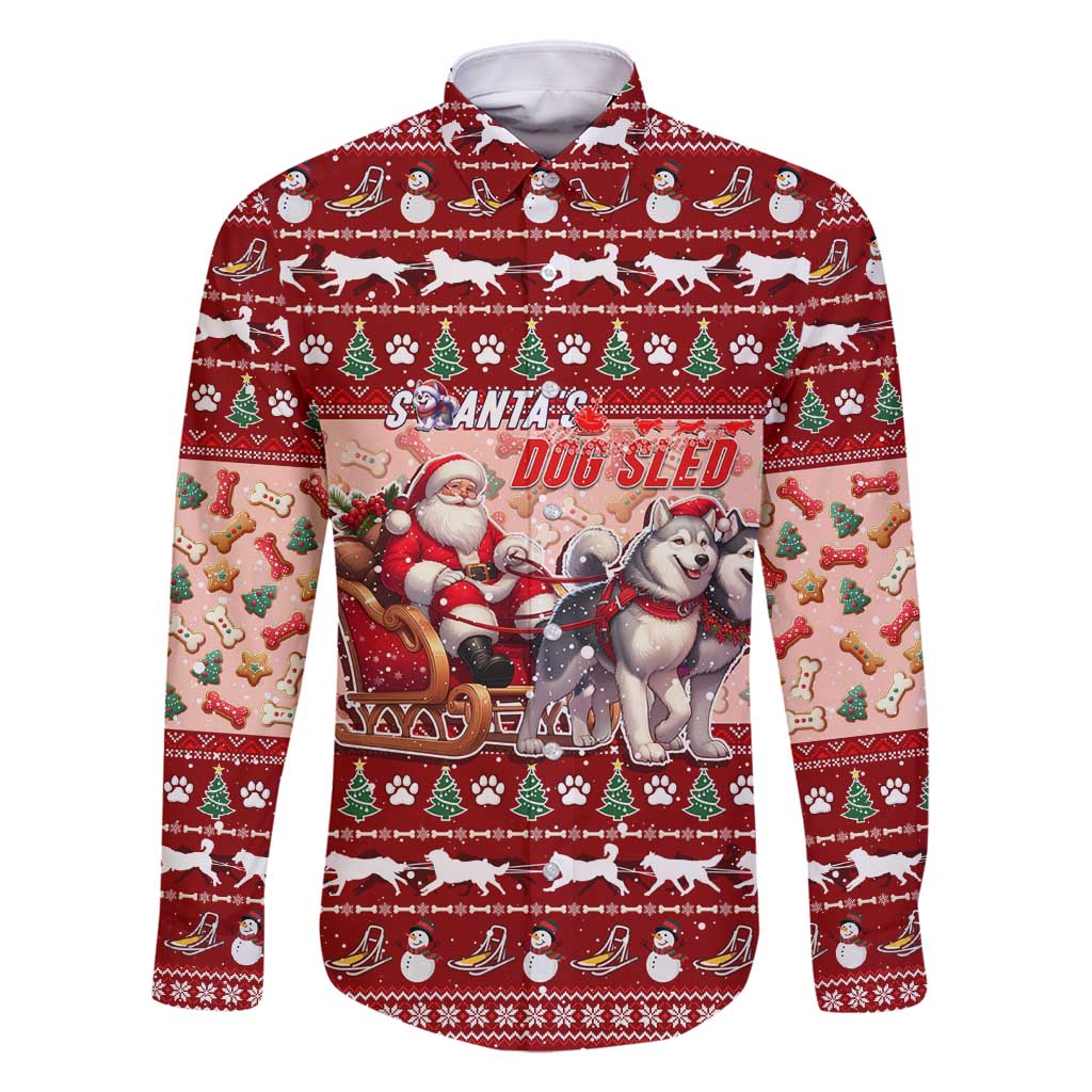 Dog Sled Christmas Family Matching Off Shoulder Maxi Dress and Hawaiian Shirt Husky Sleigh Ride Design DT02 Dad's Shirt - Long Sleeve Red - Polynesian Pride