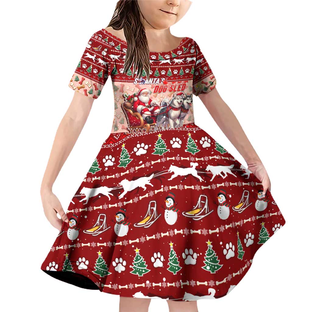 Dog Sled Christmas Family Matching Off Shoulder Short Dress and Hawaiian Shirt Husky Sleigh Ride Design DT02 Daughter's Dress Red - Polynesian Pride