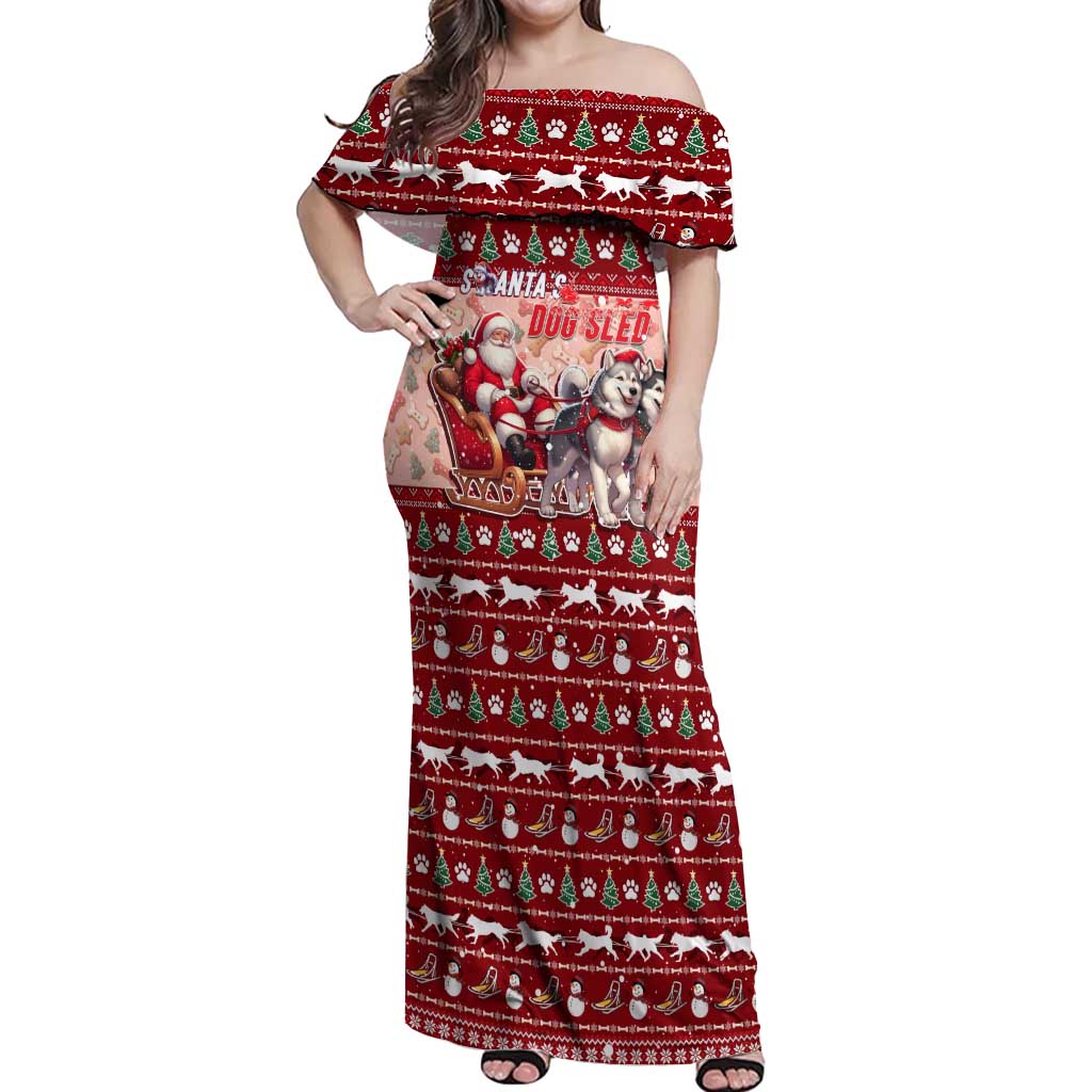 Dog Sled Christmas Off Shoulder Maxi Dress Husky Sleigh Ride Design - Polynesian Pride