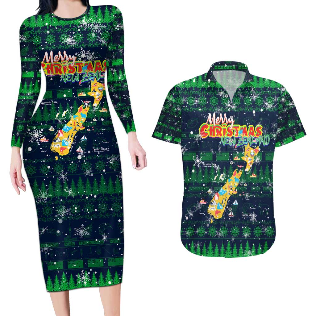 Merry Christmas New Zealand Couples Matching Long Sleeve Bodycon Dress and Hawaiian Shirt Xmas Travel Map DT02 Blue - Polynesian Pride