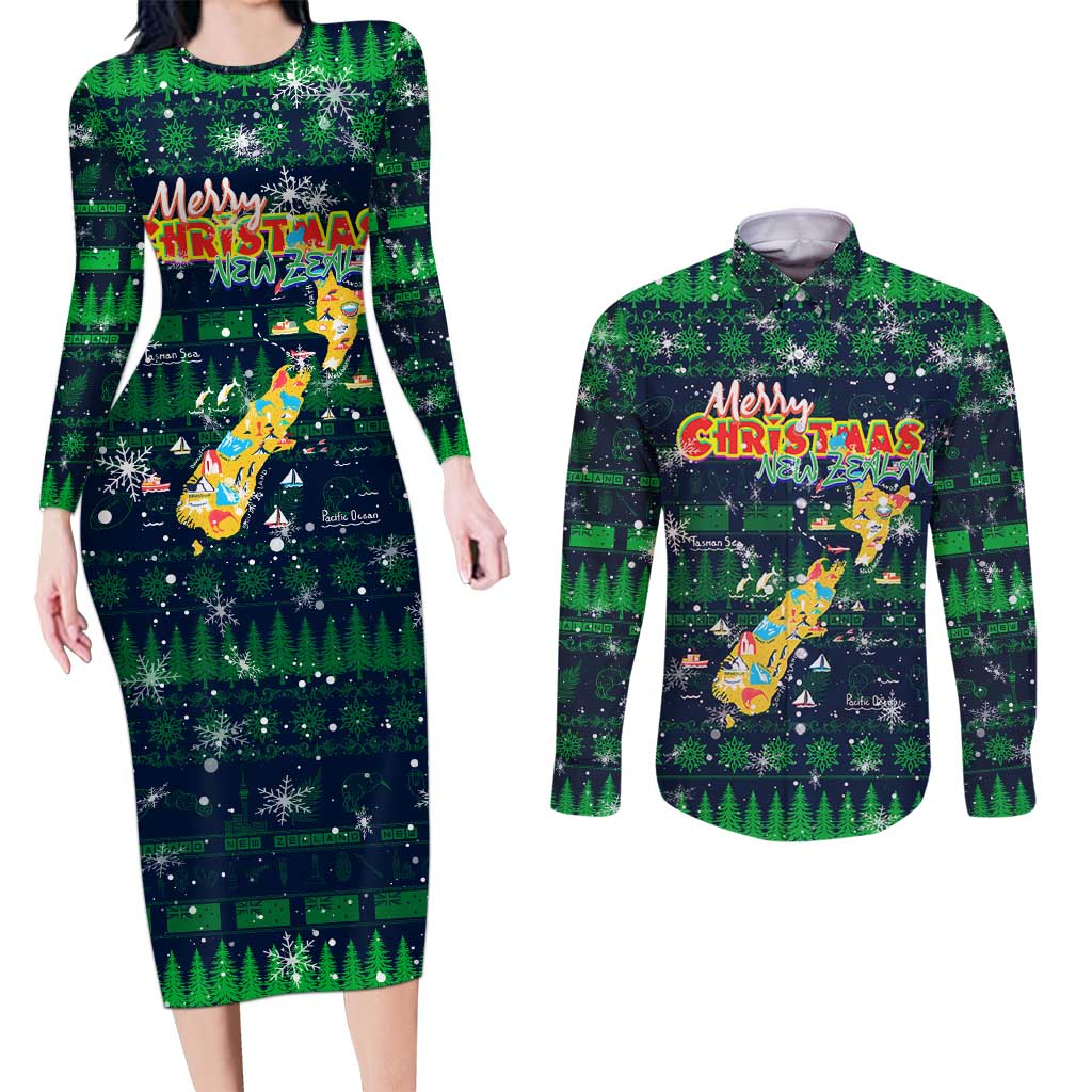 Merry Christmas New Zealand Couples Matching Long Sleeve Bodycon Dress and Long Sleeve Button Shirt Xmas Travel Map DT02 Blue - Polynesian Pride