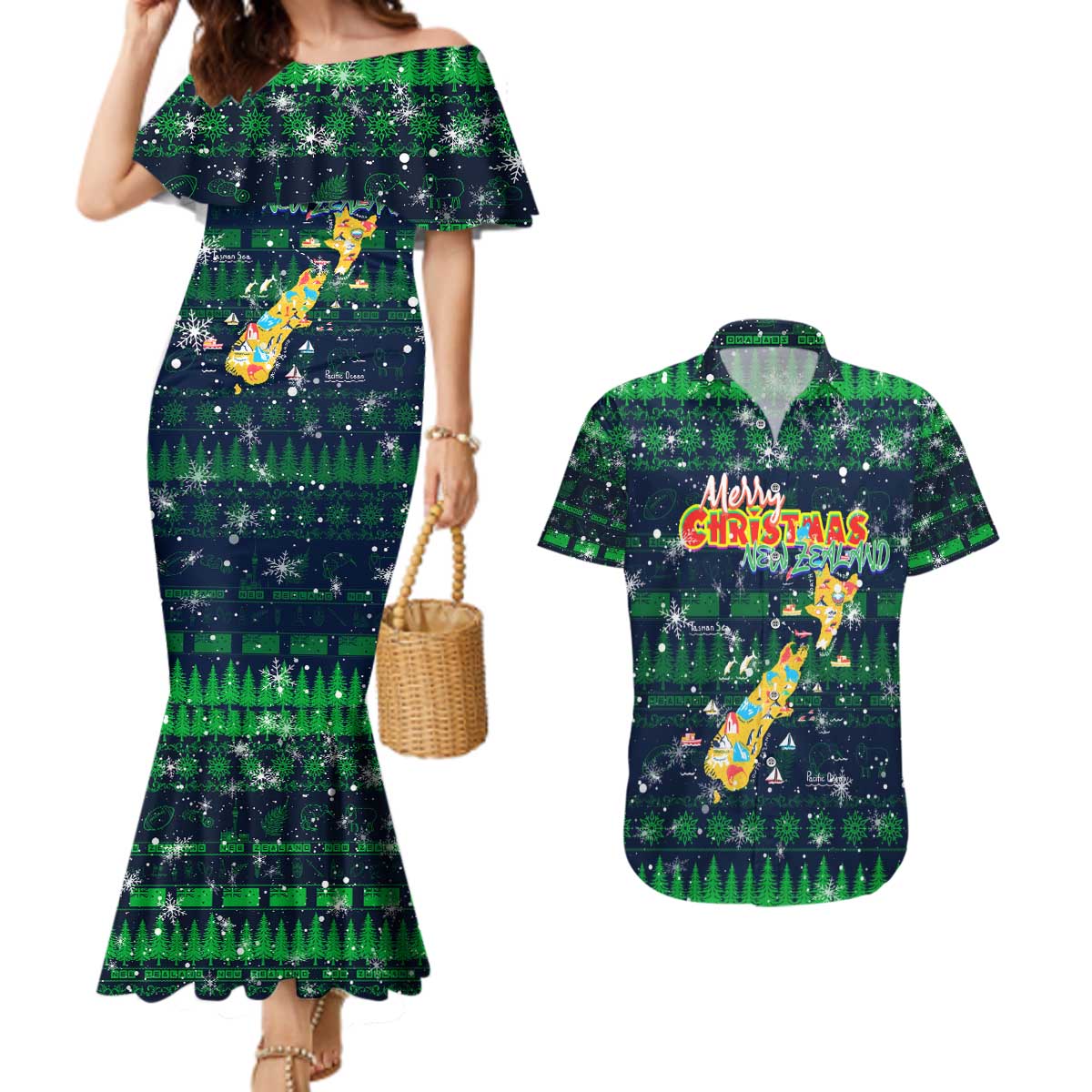 Merry Christmas New Zealand Couples Matching Mermaid Dress and Hawaiian Shirt Xmas Travel Map DT02 Blue - Polynesian Pride