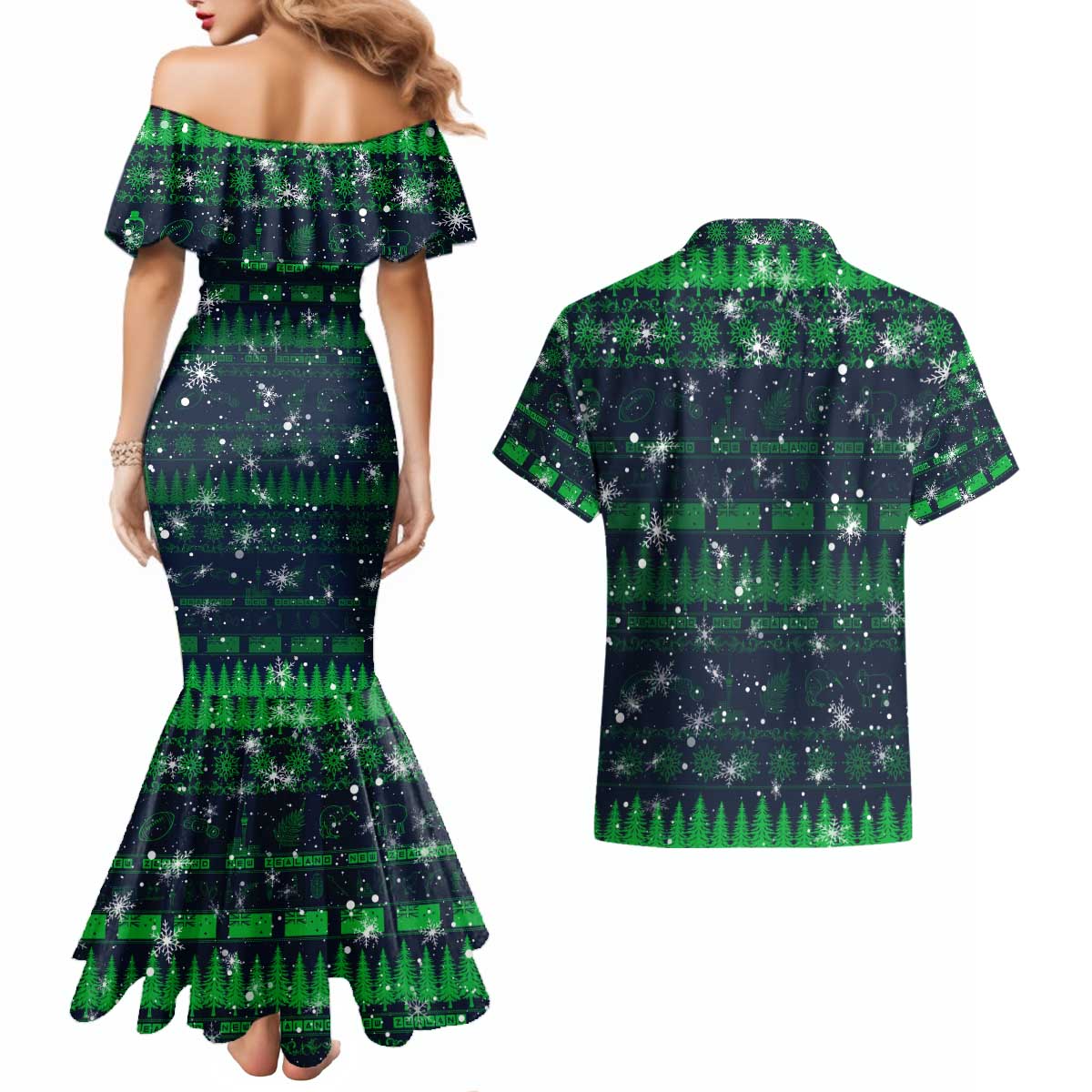Merry Christmas New Zealand Couples Matching Mermaid Dress and Hawaiian Shirt Xmas Travel Map DT02 - Polynesian Pride