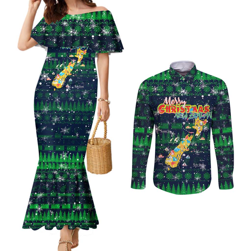 Merry Christmas New Zealand Couples Matching Mermaid Dress and Long Sleeve Button Shirt Xmas Travel Map DT02 Blue - Polynesian Pride