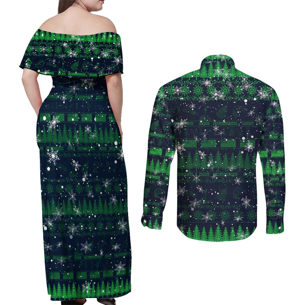 Merry Christmas New Zealand Couples Matching Off Shoulder Maxi Dress and Long Sleeve Button Shirt Xmas Travel Map DT02 - Polynesian Pride