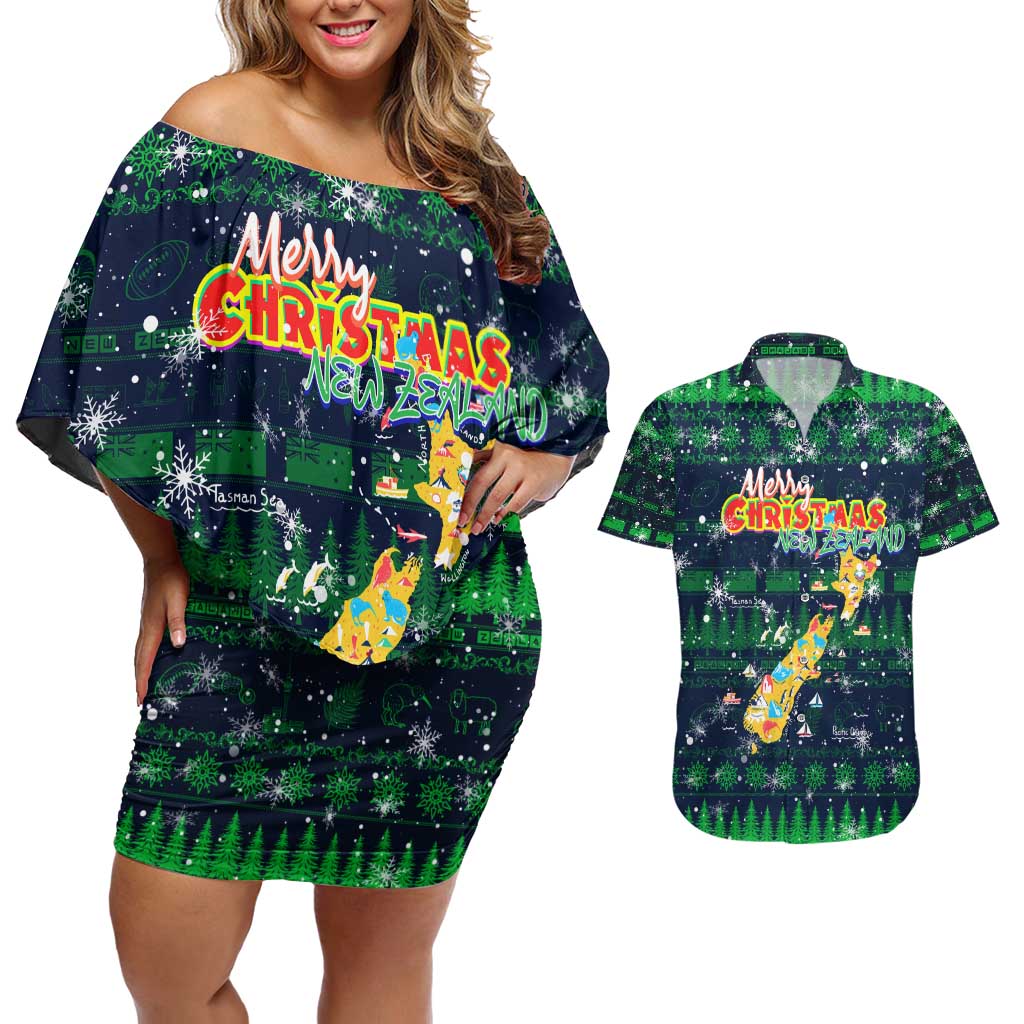 Merry Christmas New Zealand Couples Matching Off Shoulder Short Dress and Hawaiian Shirt Xmas Travel Map DT02 Blue - Polynesian Pride