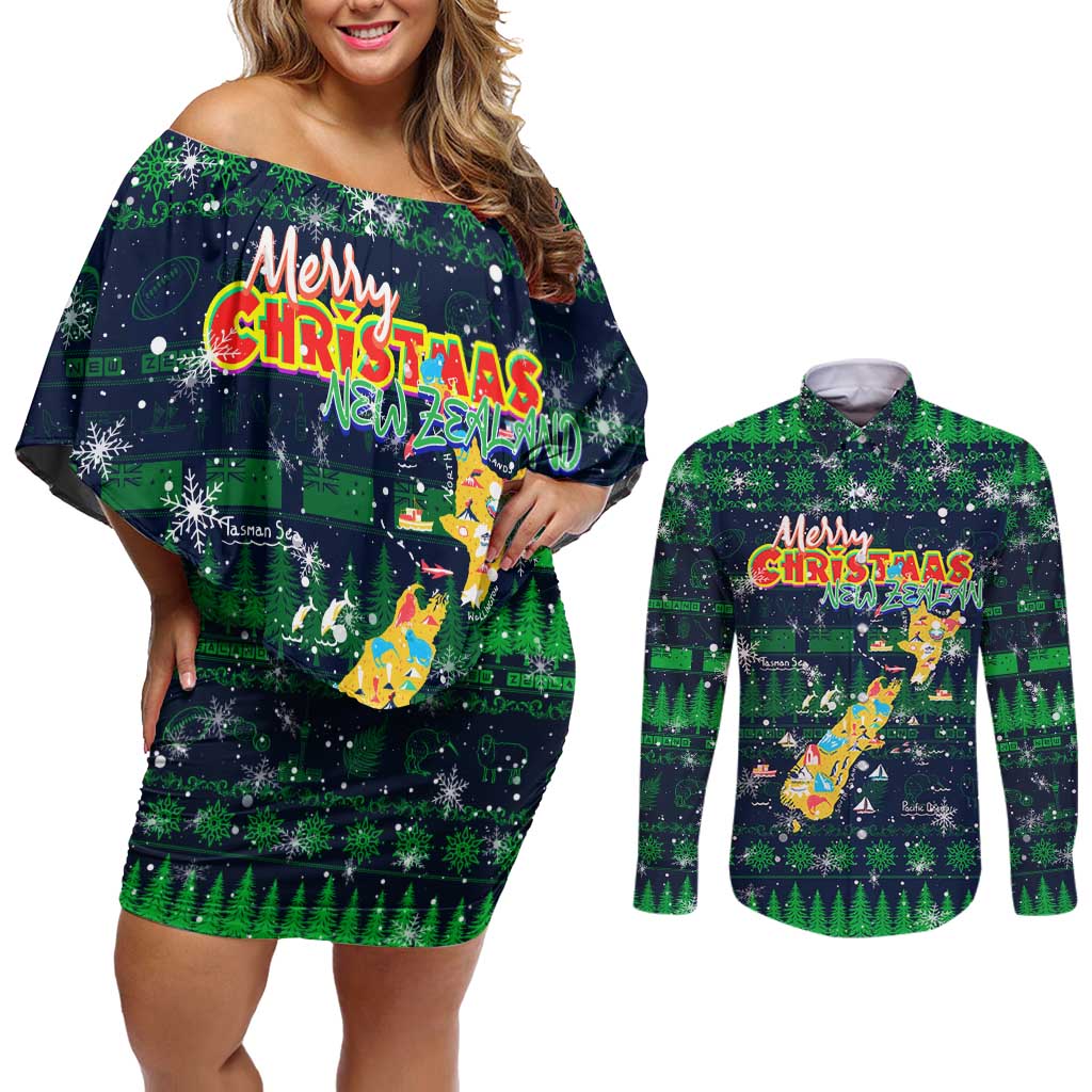 Merry Christmas New Zealand Couples Matching Off Shoulder Short Dress and Long Sleeve Button Shirt Xmas Travel Map DT02 Blue - Polynesian Pride