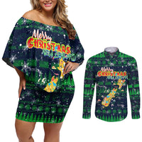 Merry Christmas New Zealand Couples Matching Off Shoulder Short Dress and Long Sleeve Button Shirt Xmas Travel Map DT02 Blue - Polynesian Pride