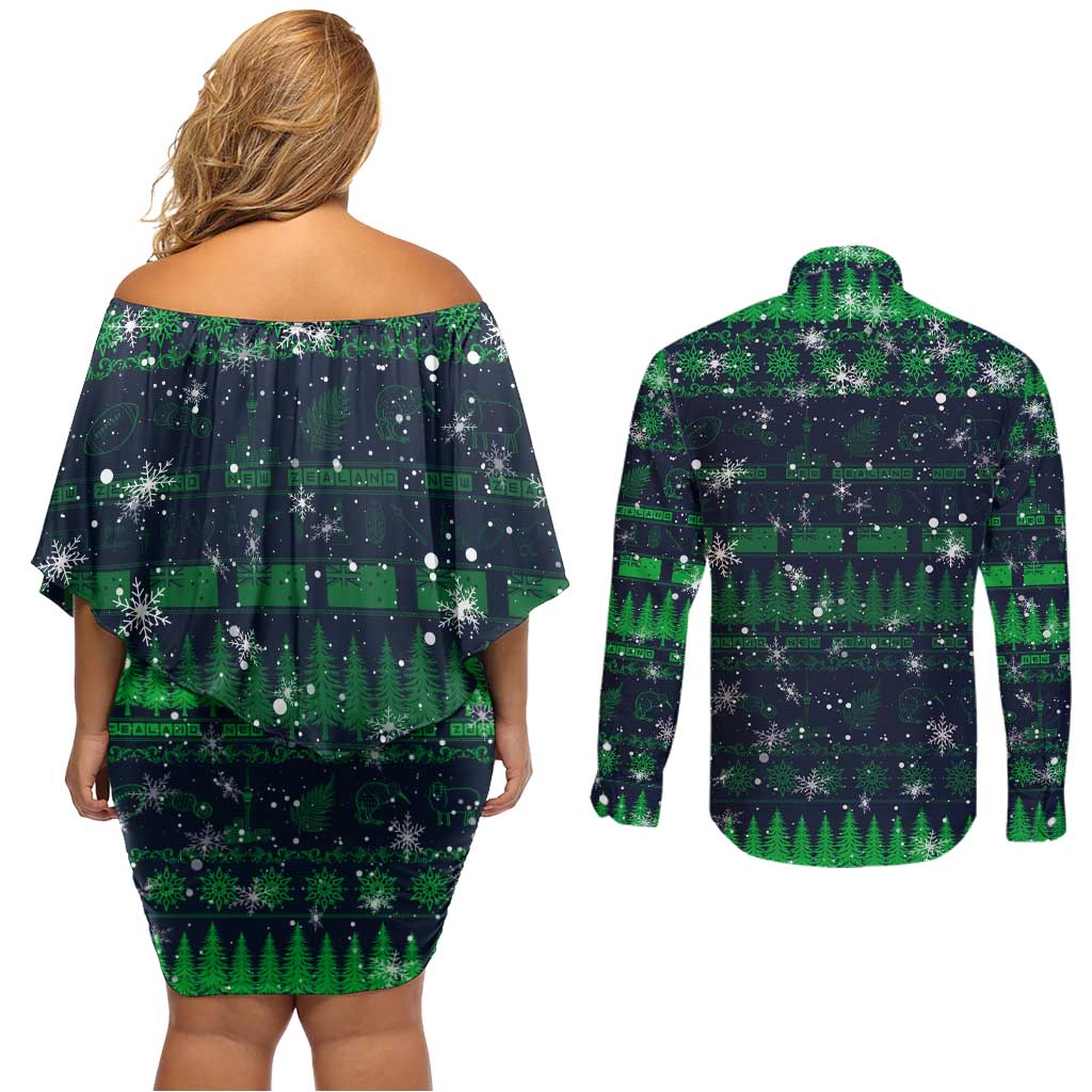 Merry Christmas New Zealand Couples Matching Off Shoulder Short Dress and Long Sleeve Button Shirt Xmas Travel Map DT02 - Polynesian Pride