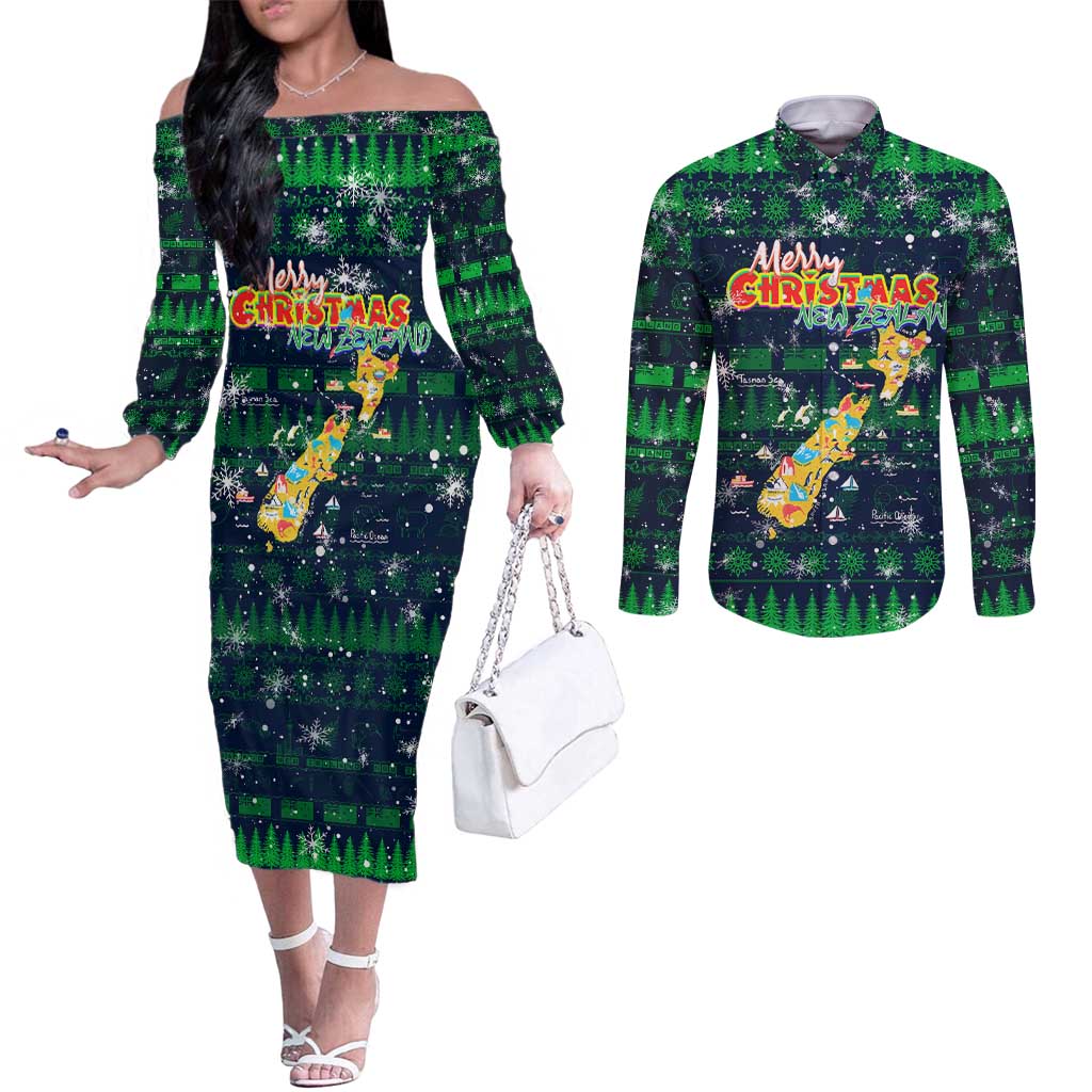 Merry Christmas New Zealand Couples Matching Off The Shoulder Long Sleeve Dress and Long Sleeve Button Shirt Xmas Travel Map DT02 Blue - Polynesian Pride