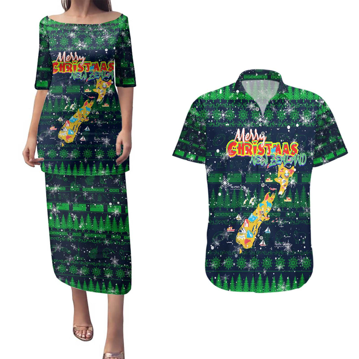 Merry Christmas New Zealand Couples Matching Puletasi and Hawaiian Shirt Xmas Travel Map DT02 Blue - Polynesian Pride
