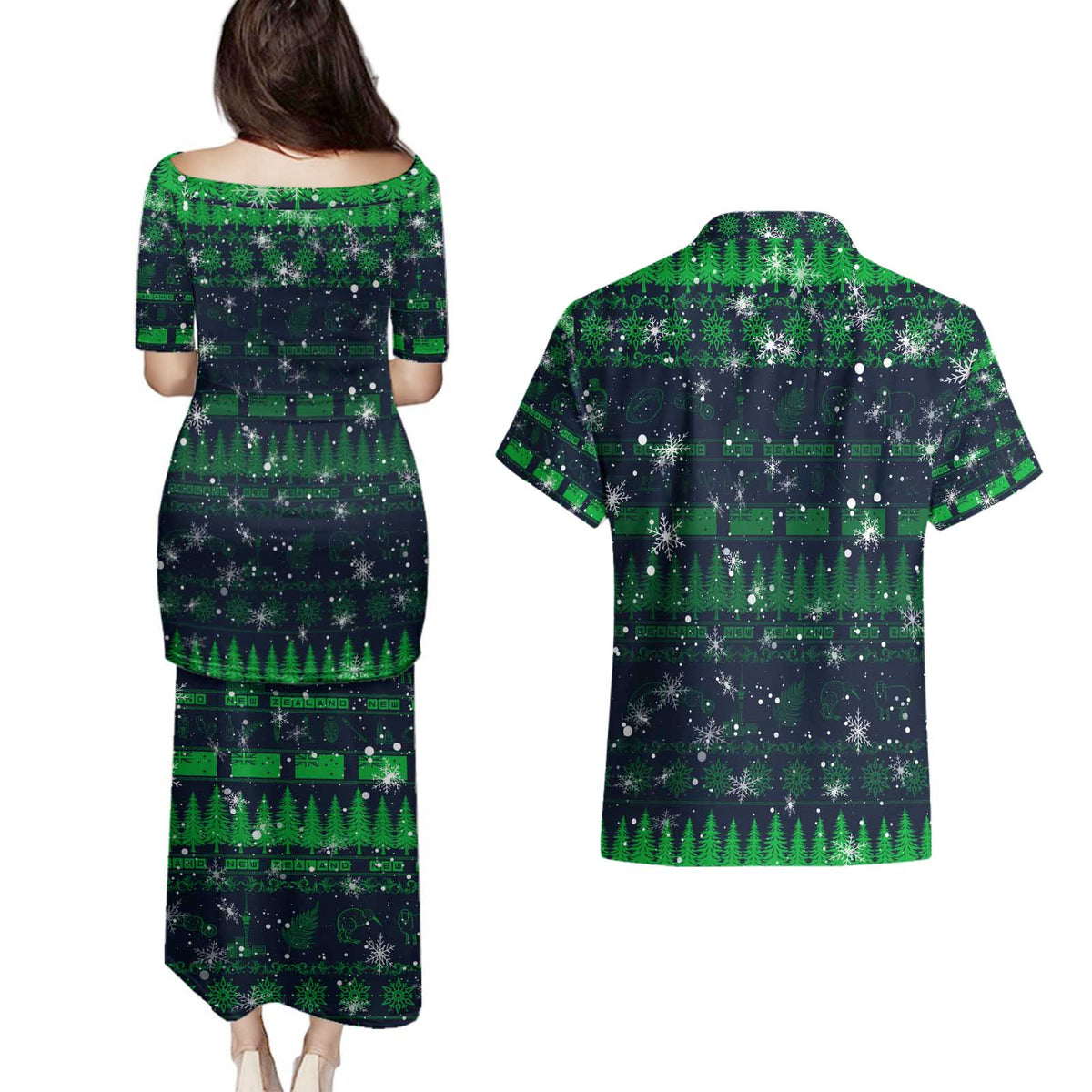 Merry Christmas New Zealand Couples Matching Puletasi and Hawaiian Shirt Xmas Travel Map DT02 - Polynesian Pride