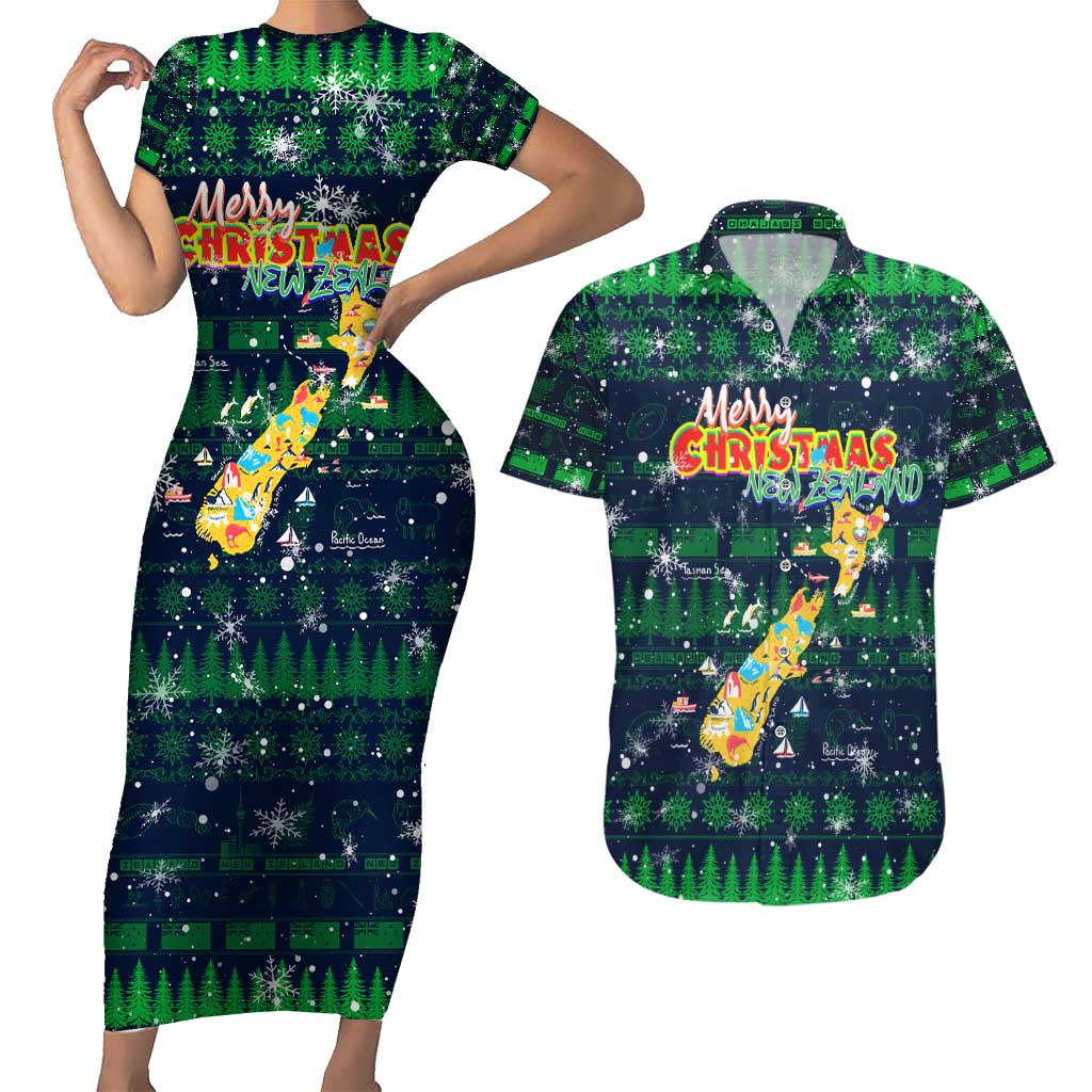 Merry Christmas New Zealand Couples Matching Short Sleeve Bodycon Dress and Hawaiian Shirt Xmas Travel Map DT02 Blue - Polynesian Pride