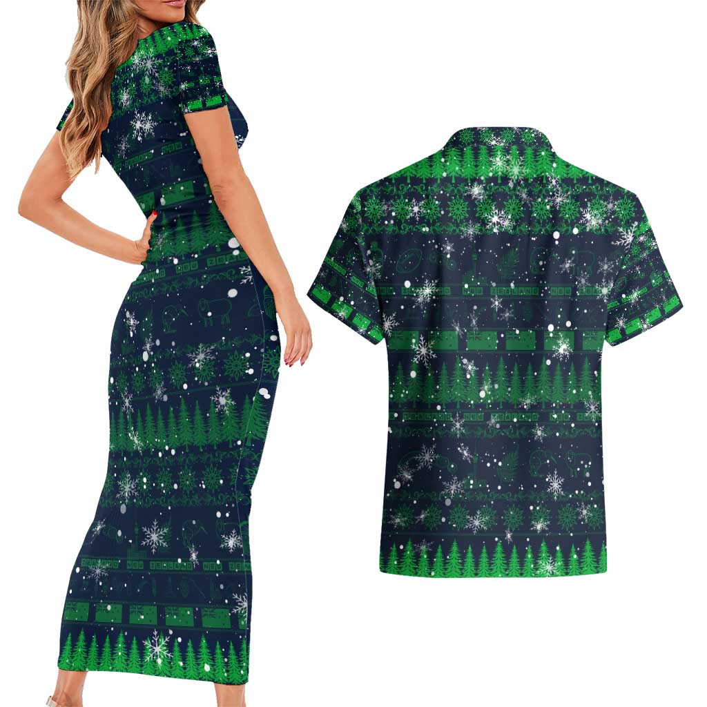 Merry Christmas New Zealand Couples Matching Short Sleeve Bodycon Dress and Hawaiian Shirt Xmas Travel Map DT02 - Polynesian Pride