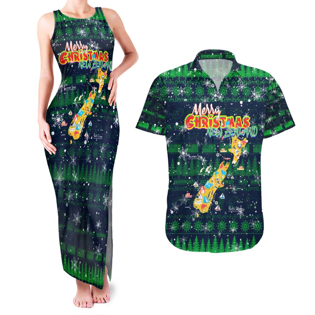 Merry Christmas New Zealand Couples Matching Tank Maxi Dress and Hawaiian Shirt Xmas Travel Map DT02 Blue - Polynesian Pride