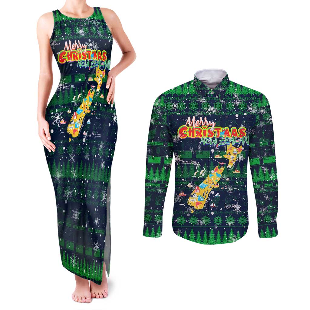 Merry Christmas New Zealand Couples Matching Tank Maxi Dress and Long Sleeve Button Shirt Xmas Travel Map - Polynesian Pride