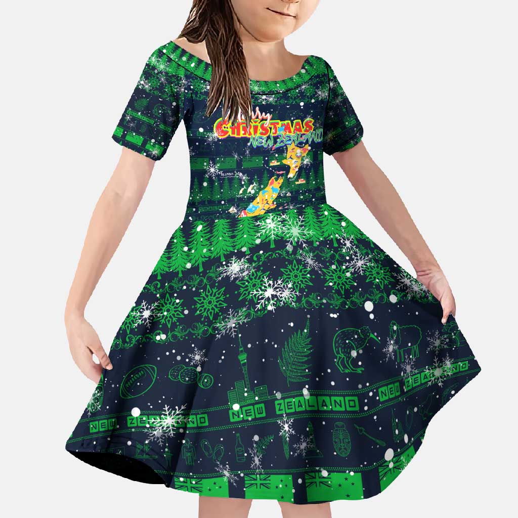 Merry Christmas New Zealand Family Matching Off Shoulder Maxi Dress and Hawaiian Shirt Xmas Travel Map DT02 Daughter's Dress Blue - Polynesian Pride
