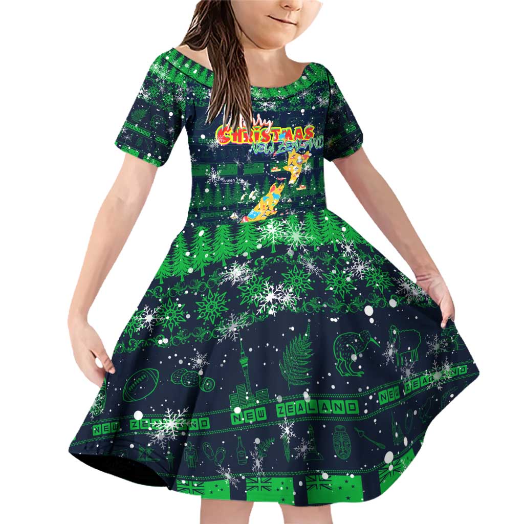 Merry Christmas New Zealand Family Matching Off Shoulder Short Dress and Hawaiian Shirt Xmas Travel Map DT02 Daughter's Dress Blue - Polynesian Pride