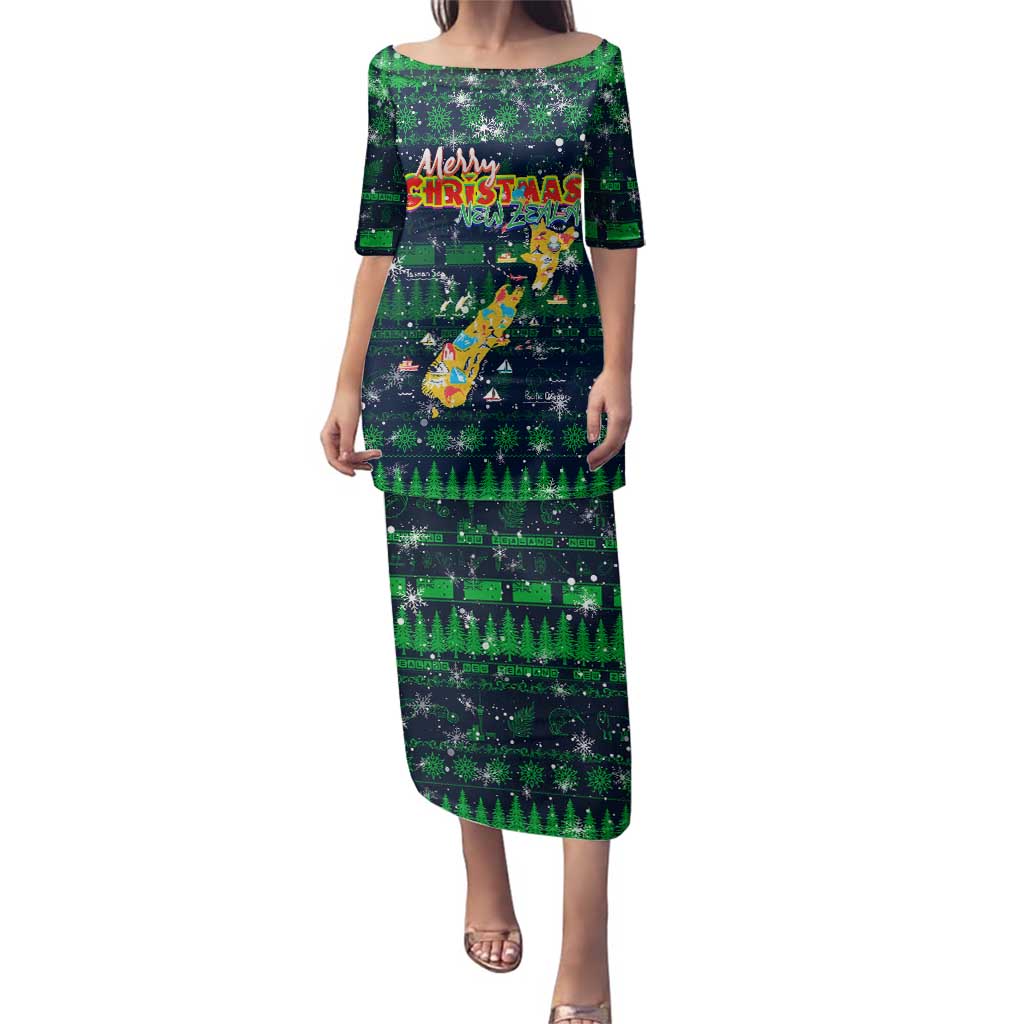Merry Christmas New Zealand Family Matching Puletasi and Hawaiian Shirt Xmas Travel Map DT02 Mom's Dress Blue - Polynesian Pride