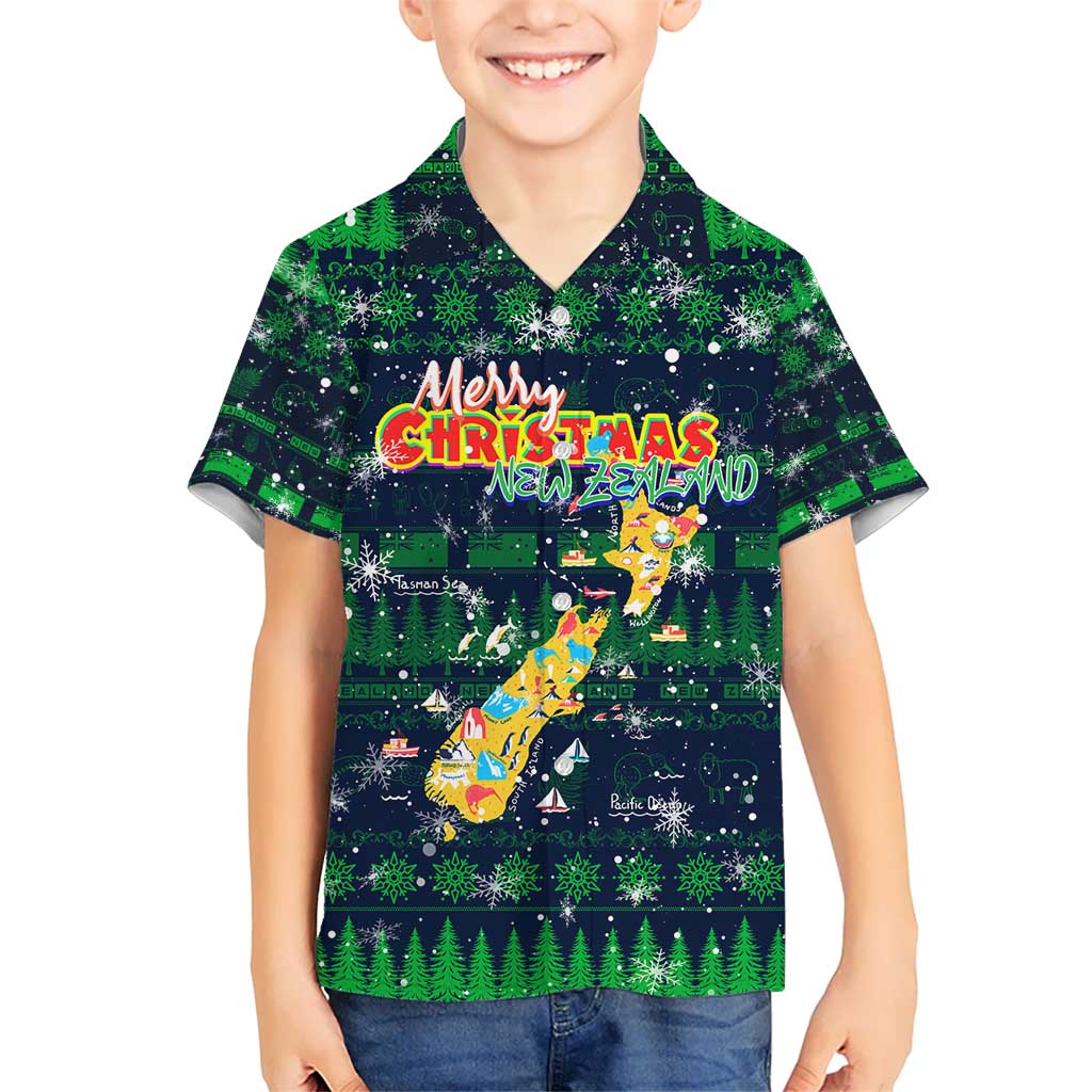 Merry Christmas New Zealand Kid Hawaiian Shirt Xmas Travel Map DT02 Kid Blue - Polynesian Pride