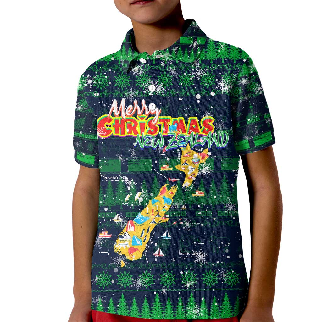 Merry Christmas New Zealand Kid Polo Shirt Xmas Travel Map DT02 Kid Blue - Polynesian Pride
