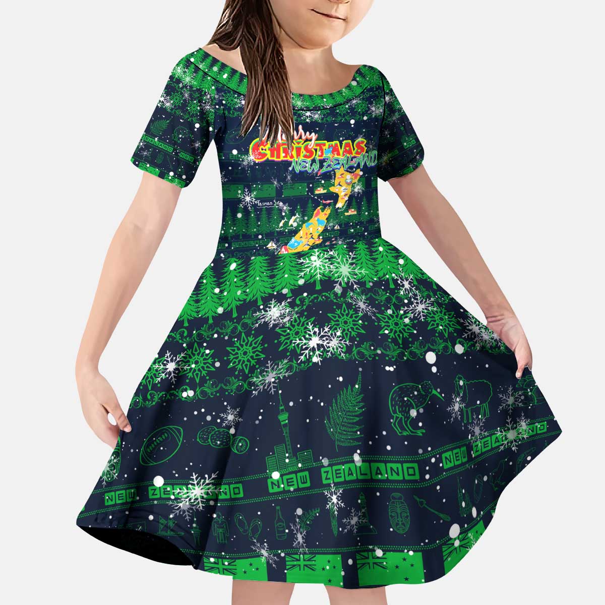 Merry Christmas New Zealand Kid Short Sleeve Dress Xmas Travel Map DT02 KID Blue - Polynesian Pride