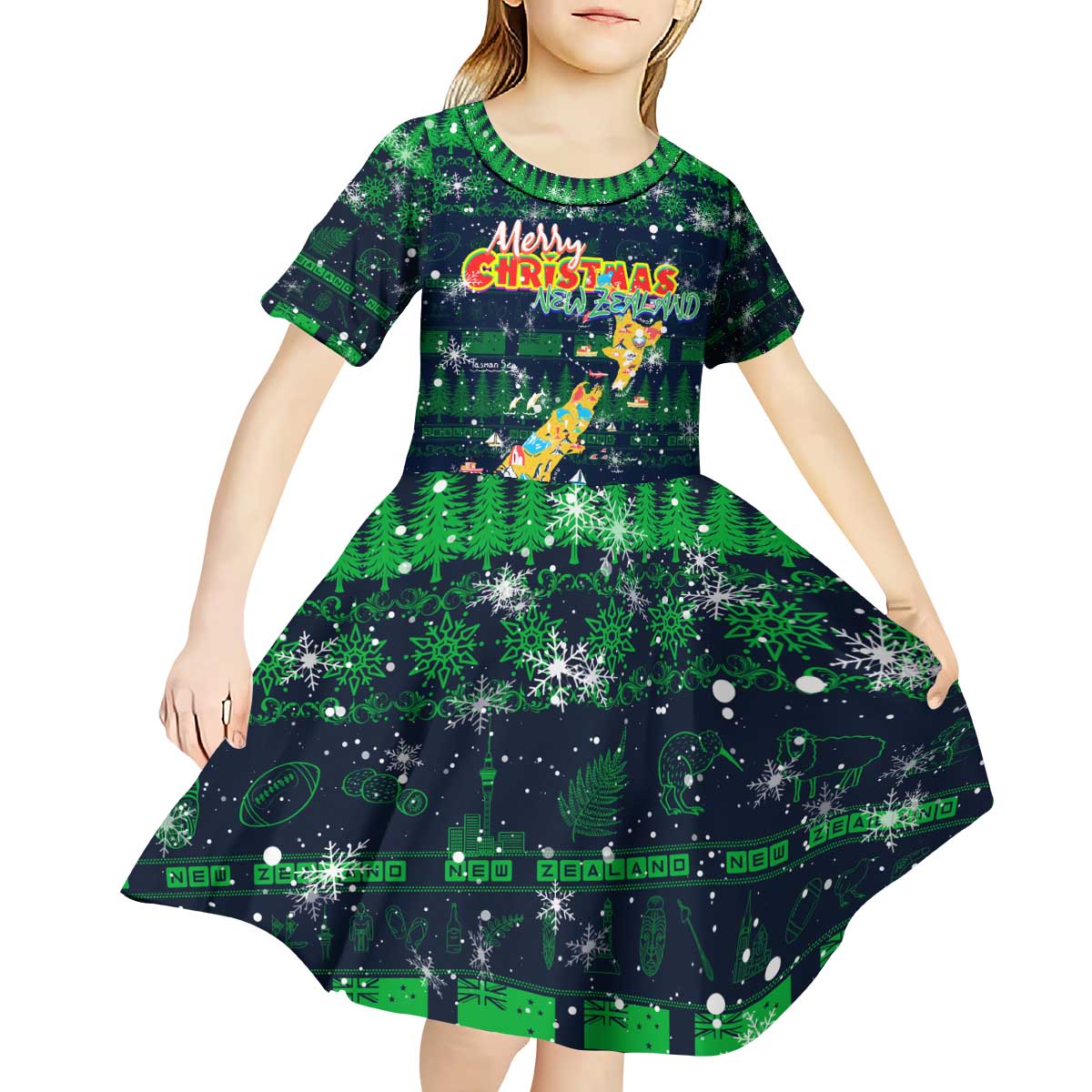 Merry Christmas New Zealand Kid Short Sleeve Dress Xmas Travel Map DT02 - Polynesian Pride