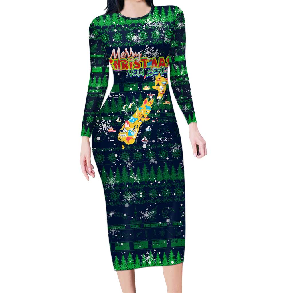 Merry Christmas New Zealand Long Sleeve Bodycon Dress Xmas Travel Map DT02 Long Dress Blue - Polynesian Pride