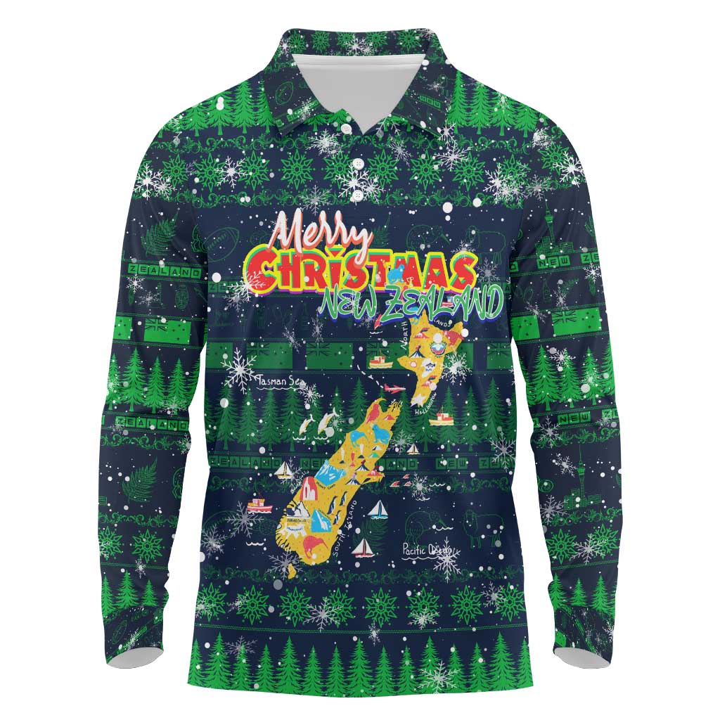 Merry Christmas New Zealand Long Sleeve Polo Shirt Xmas Travel Map DT02 Blue - Polynesian Pride