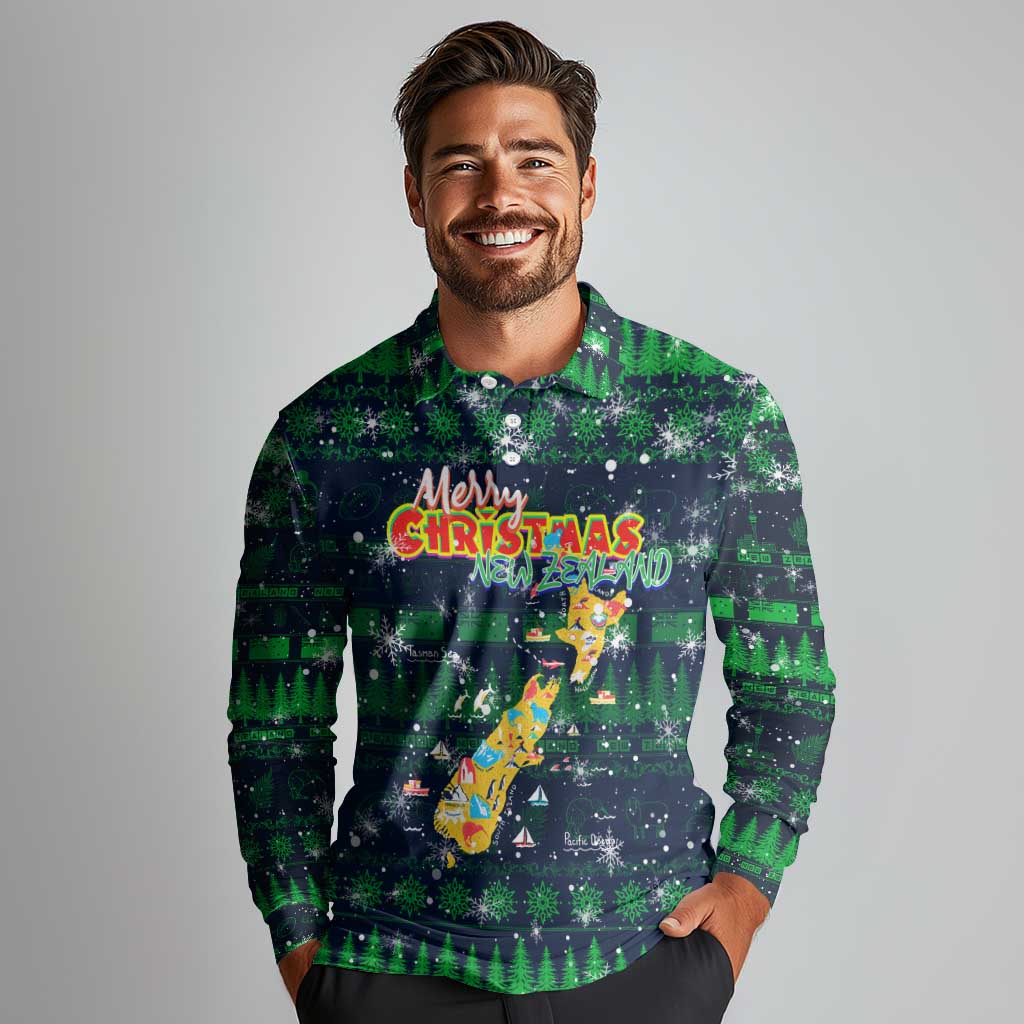 Merry Christmas New Zealand Long Sleeve Polo Shirt Xmas Travel Map DT02 - Polynesian Pride