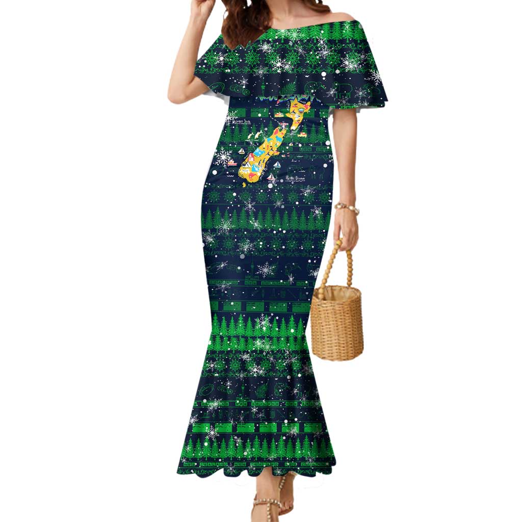 Merry Christmas New Zealand Mermaid Dress Xmas Travel Map DT02 Women Blue - Polynesian Pride