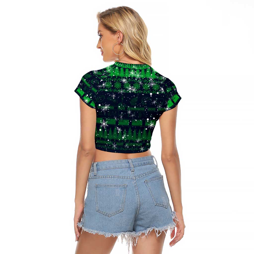 Merry Christmas New Zealand Raglan Cropped T Shirt Xmas Travel Map - Polynesian Pride