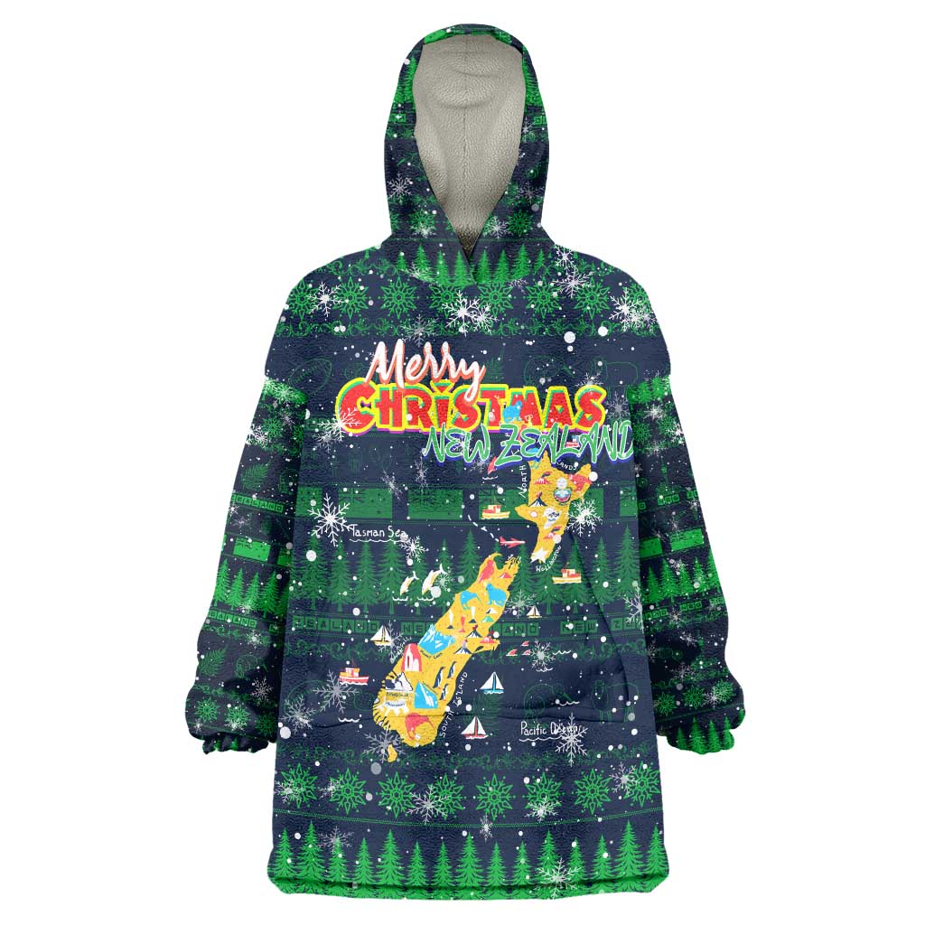 Merry Christmas New Zealand Wearable Blanket Hoodie Xmas Travel Map DT02 One Size Blue - Polynesian Pride