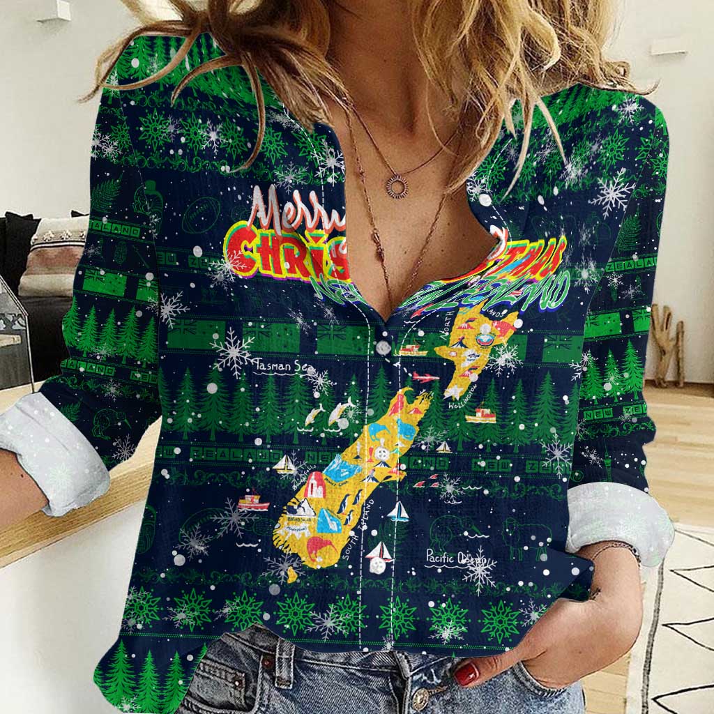 Merry Christmas New Zealand Women Casual Shirt Xmas Travel Map - Polynesian Pride