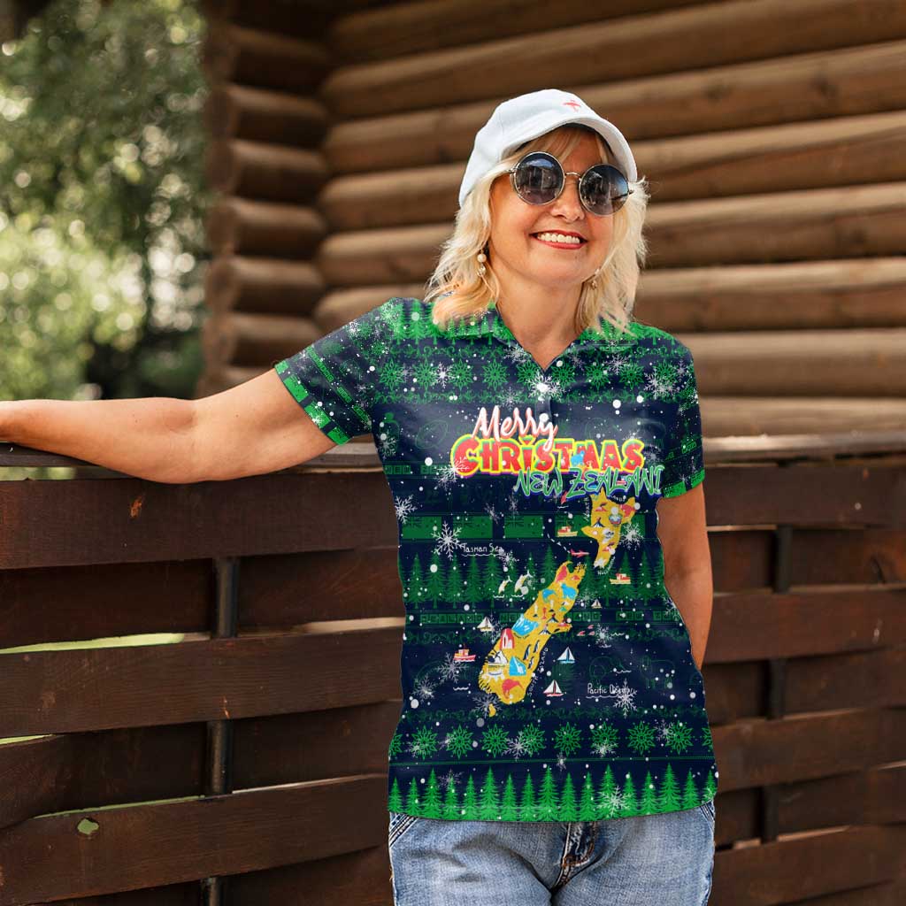 Merry Christmas New Zealand Women Polo Shirt Xmas Travel Map - Polynesian Pride