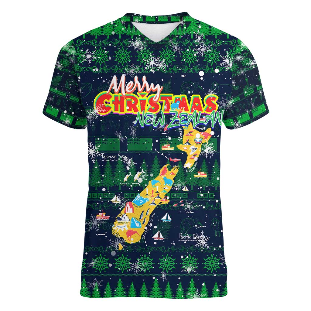 Merry Christmas New Zealand Women V-Neck T-Shirt Xmas Travel Map DT02 Female Blue - Polynesian Pride