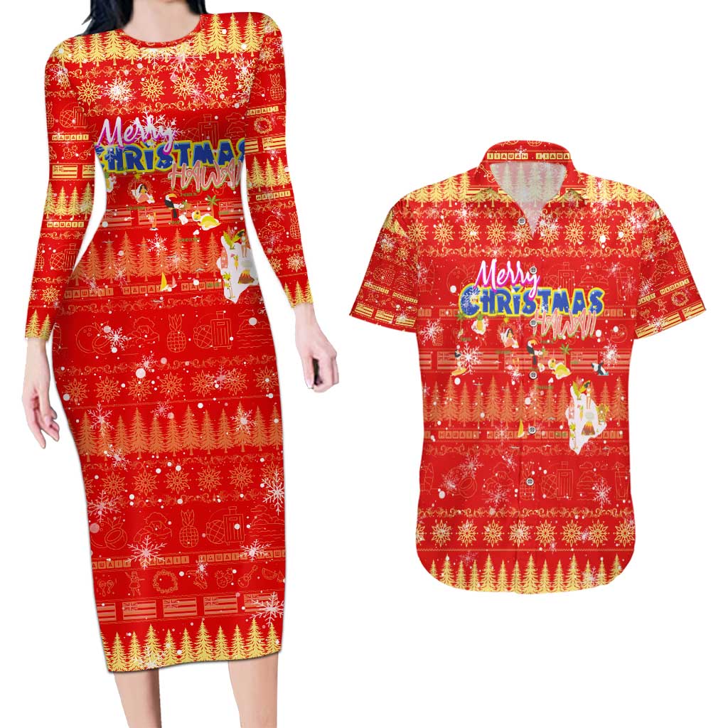 Merry Christmas Hawaii Couples Matching Long Sleeve Bodycon Dress and Hawaiian Shirt Xmas Travel Map DT02 Red - Polynesian Pride