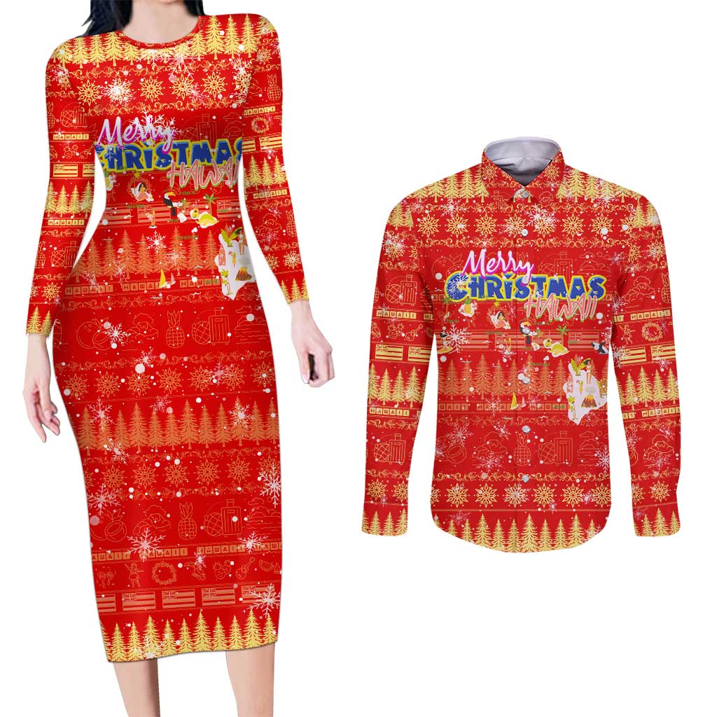 Merry Christmas Hawaii Couples Matching Long Sleeve Bodycon Dress and Long Sleeve Button Shirt Xmas Travel Map DT02 Red - Polynesian Pride