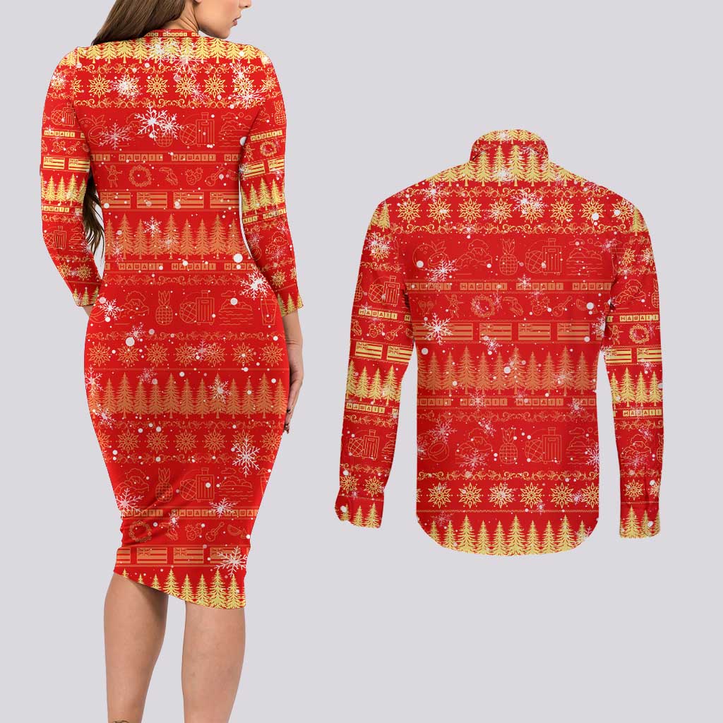 Merry Christmas Hawaii Couples Matching Long Sleeve Bodycon Dress and Long Sleeve Button Shirt Xmas Travel Map DT02 - Polynesian Pride
