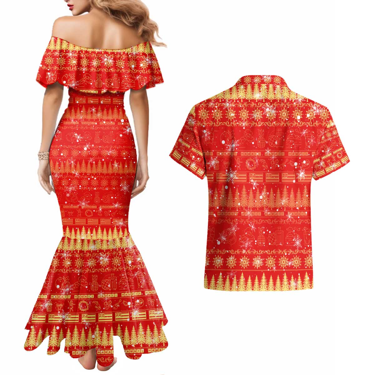 Merry Christmas Hawaii Couples Matching Mermaid Dress and Hawaiian Shirt Xmas Travel Map DT02 - Polynesian Pride