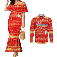 Merry Christmas Hawaii Couples Matching Mermaid Dress and Long Sleeve Button Shirt Xmas Travel Map DT02 Red - Polynesian Pride