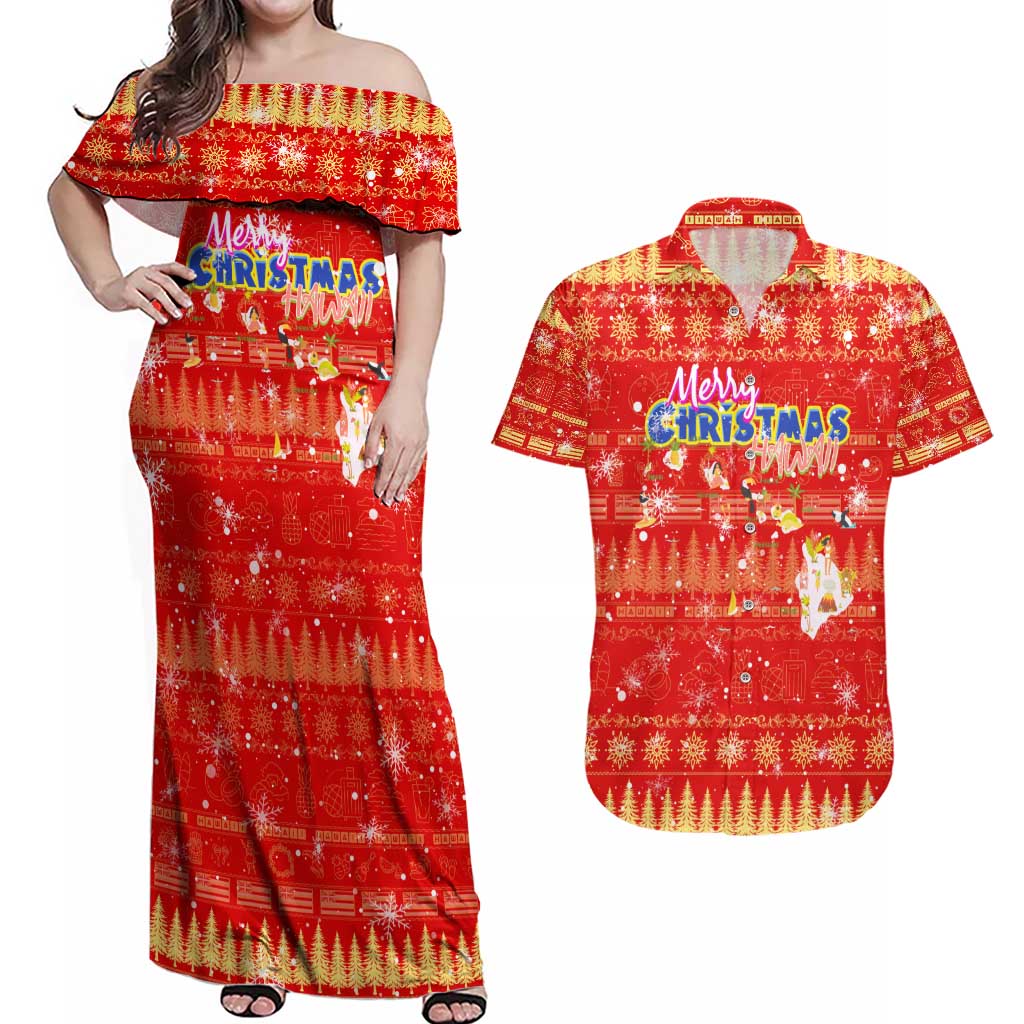 Merry Christmas Hawaii Couples Matching Off Shoulder Maxi Dress and Hawaiian Shirt Xmas Travel Map DT02 Red - Polynesian Pride