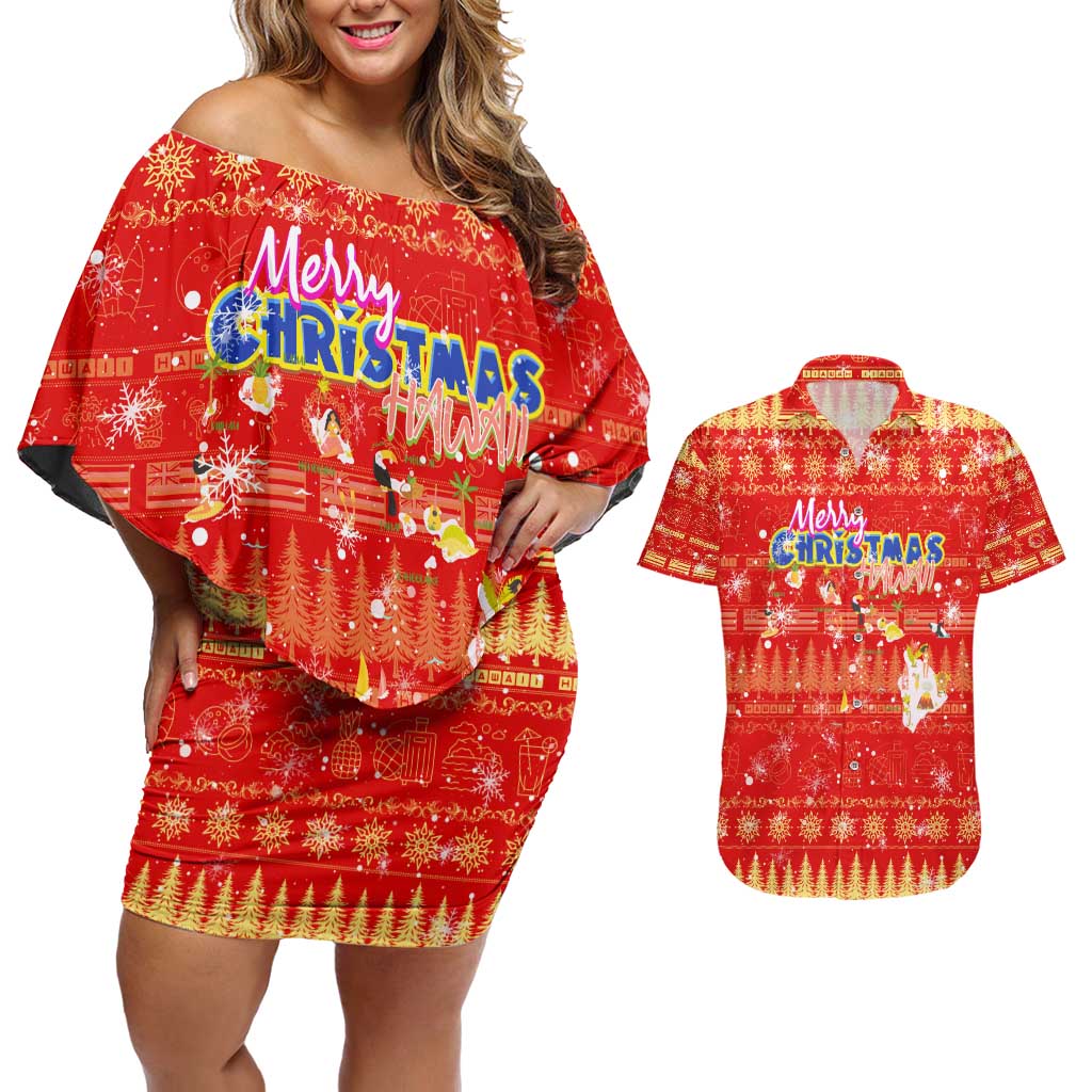 Merry Christmas Hawaii Couples Matching Off Shoulder Short Dress and Hawaiian Shirt Xmas Travel Map DT02 Red - Polynesian Pride