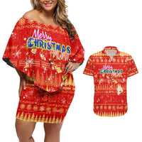 Merry Christmas Hawaii Couples Matching Off Shoulder Short Dress and Hawaiian Shirt Xmas Travel Map DT02 Red - Polynesian Pride