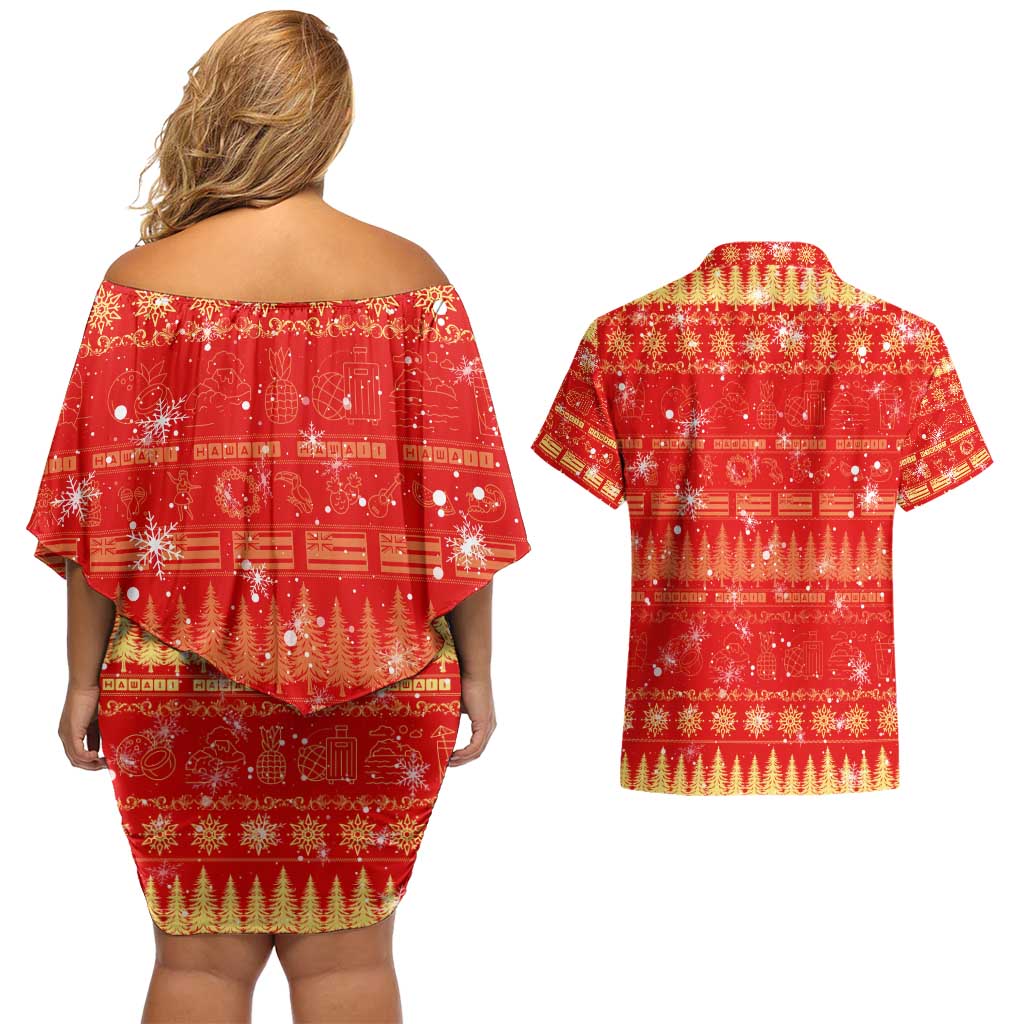 Merry Christmas Hawaii Couples Matching Off Shoulder Short Dress and Hawaiian Shirt Xmas Travel Map DT02 - Polynesian Pride