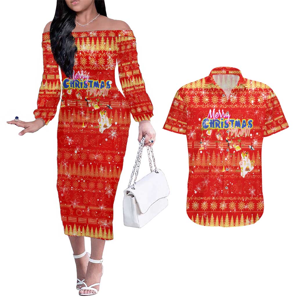 Merry Christmas Hawaii Couples Matching Off The Shoulder Long Sleeve Dress and Hawaiian Shirt Xmas Travel Map DT02 Red - Polynesian Pride