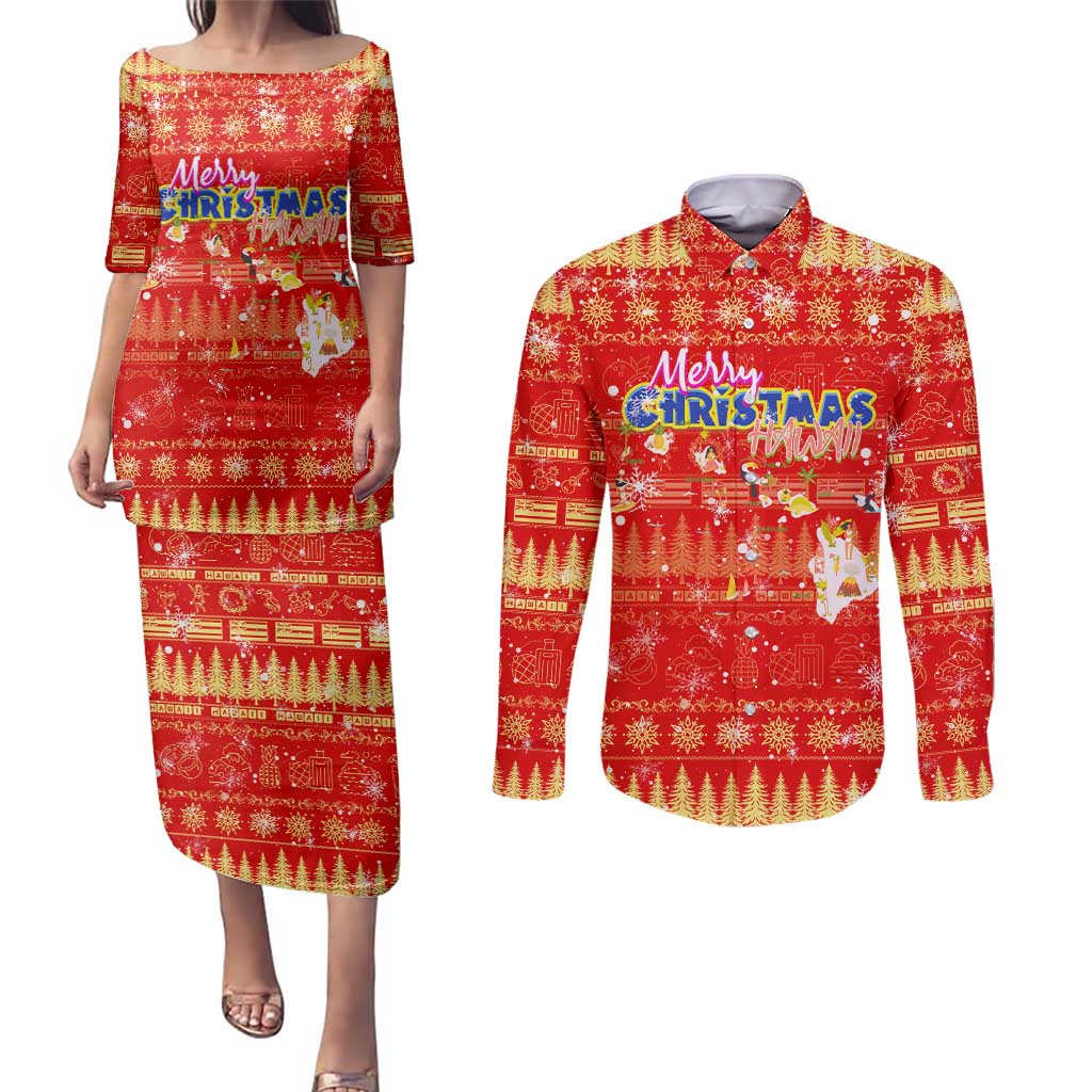 Merry Christmas Hawaii Couples Matching Puletasi and Long Sleeve Button Shirt Xmas Travel Map DT02 Red - Polynesian Pride