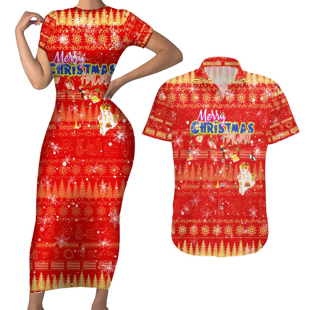 Merry Christmas Hawaii Couples Matching Short Sleeve Bodycon Dress and Hawaiian Shirt Xmas Travel Map DT02 Red - Polynesian Pride