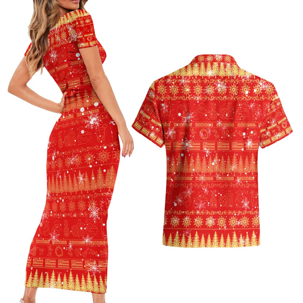 Merry Christmas Hawaii Couples Matching Short Sleeve Bodycon Dress and Hawaiian Shirt Xmas Travel Map DT02 - Polynesian Pride